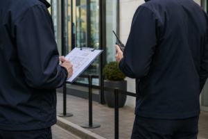Zwei Sicherheitsmitarbeiter stimmen den Einsatzplan vor einem Geschäftsgebäude ab