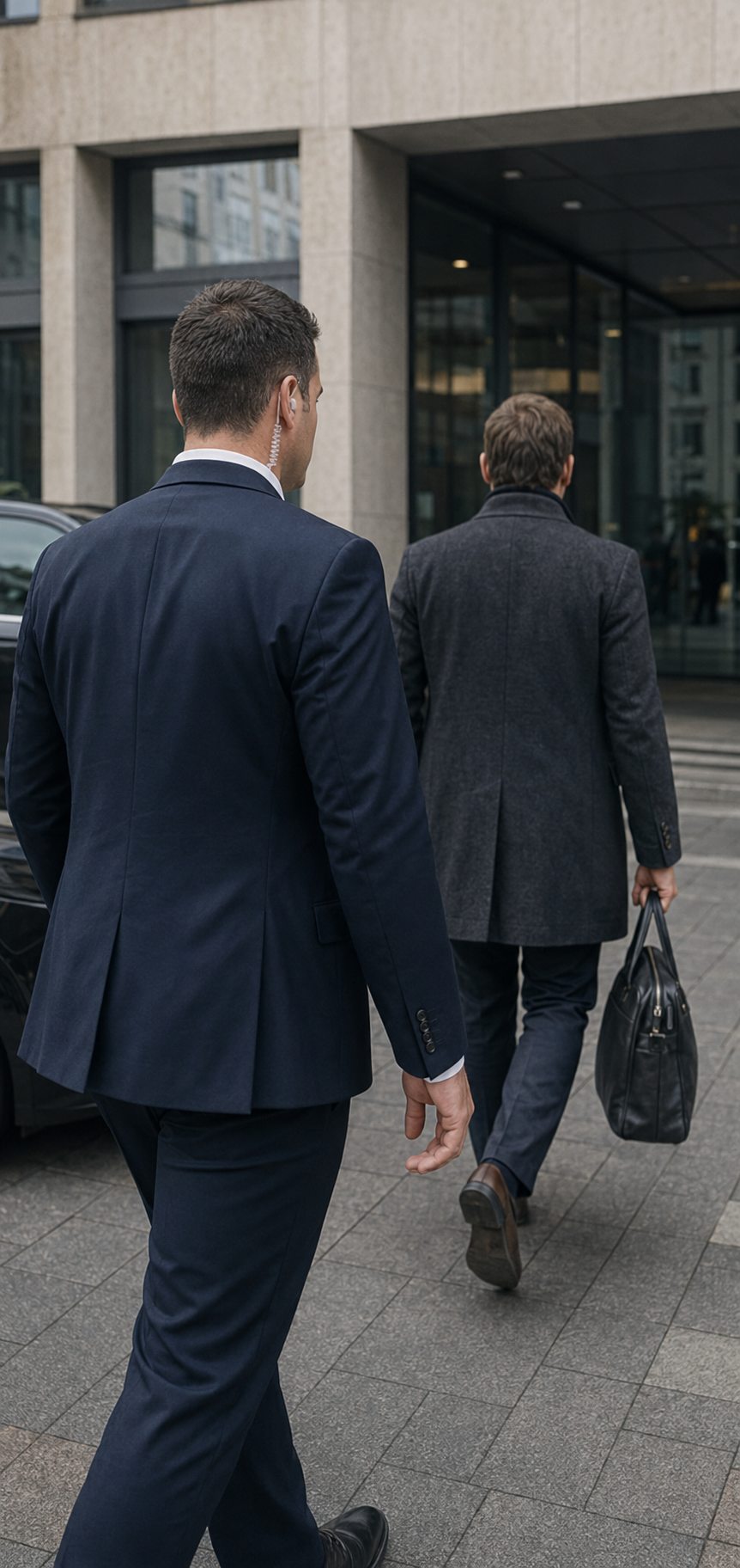 Personenschützer begleitet einen Geschäftskunden sicher zu einem Gebäude.